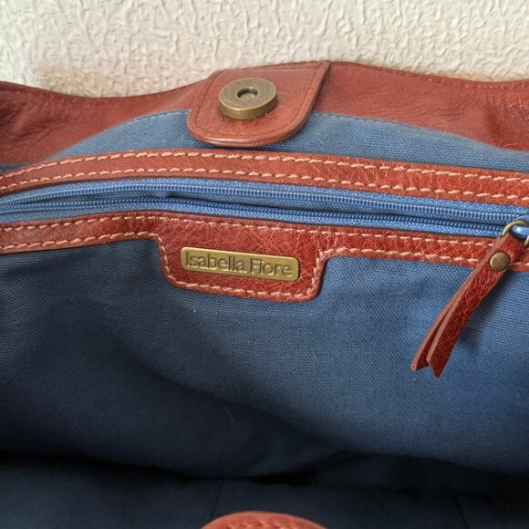 Isabella Fiore Boho Leather Canvas Satchel Brown Blue Whipstitch Crossbody - Picture 15 of 15